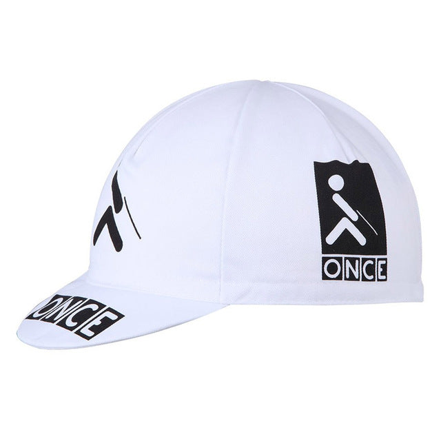 The Once Retro Cycling Cap features a classic design with black logos, including a stylized figure and ONCE, and has a short curved visor with a fitted style, capturing vintage cycling charm.