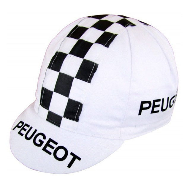 The Peugeot Retro Cycling Cap is a white cap with a black and white checkered stripe, featuring PEUGEOT on the front and side, embodying classic retro style.
