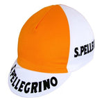 The San Pellegrino Retro Cycling Cap is a colorful design with orange and white panels featuring San Pellegrino in black text on the sides and brim.