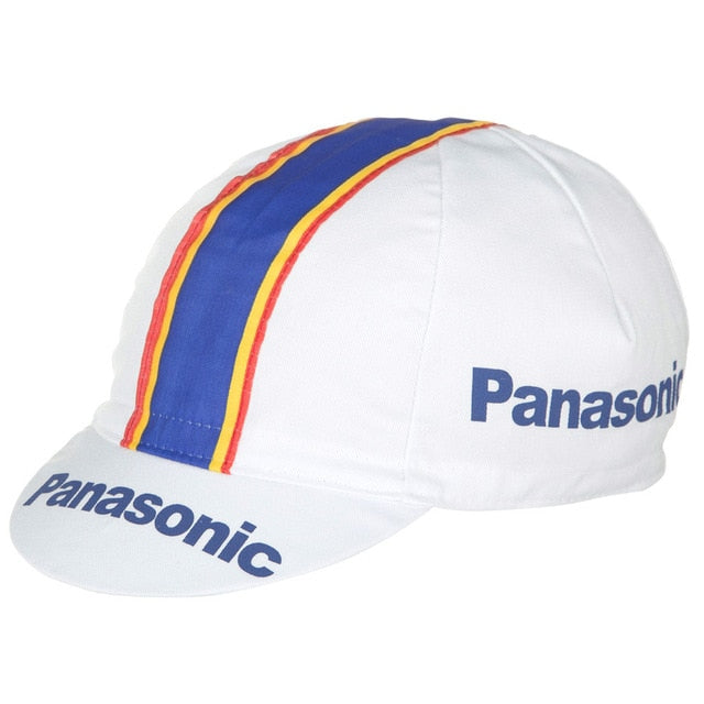 The Panasonic Retro Cycling Cap exudes vintage charm with a classic design featuring a central blue stripe bordered by red and yellow lines, and Panasonic elegantly printed in blue on the brims front and side.