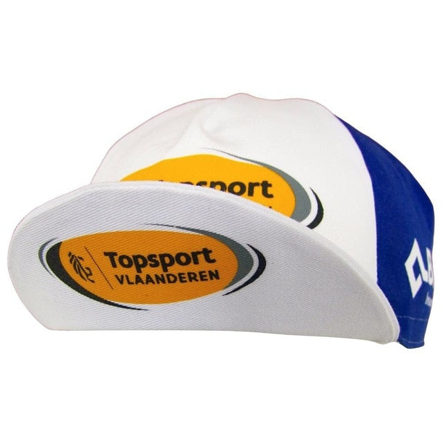The Topsport Vlaanderen Retro Cycling Cap features a white and blue design, accented by the vintage yellow Topsport Vlaanderen logo on the peak.