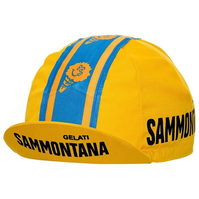 The Gelati Sammontana Retro Cycling Cap is yellow with blue stripes and features an ice cream cone mascot. It has Gelati Sammontana in black on the side and brim, embracing a nostalgic vintage style.