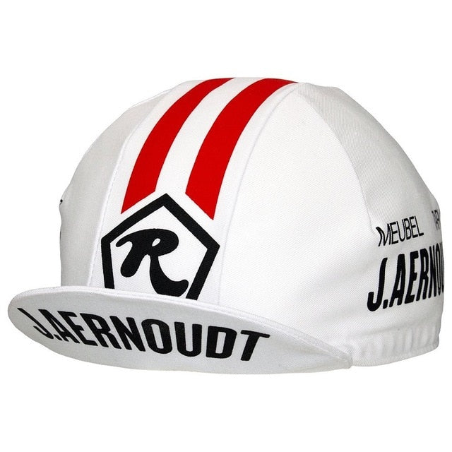 The J. Aernoudt Retro Cycling Cap showcases red stripes on a classic white background. A bold black R within a hexagon adorns the front, while J. Aernoudt is elegantly printed in black on the brim and side, enhancing its vintage appeal.