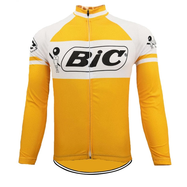 The BIC Yellow Long Sleeve Retro Cycling Jersey, available with fleece, is made from lightweight polyester and features a black and white BIC logo with the iconic pen-holding character. It has a zippered front and stylish black trim at the bottom.