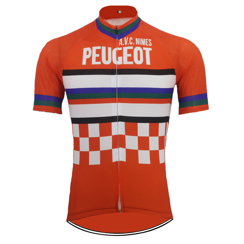 The Peugeot A.V.C. Nimes Retro Cycling Jersey is made from lightweight polyester and boasts bold white A.V.C. NIMES and PEUGEOT on its vibrant orange chest, with eye-catching white, black, red, green, and blue stripes alongside a classic checkerboard pattern at the bottom hem.