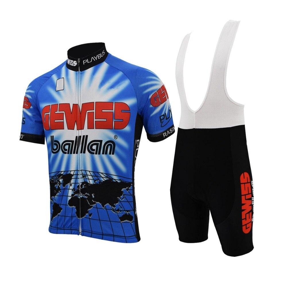 The Gewiss-Ballan Retro Cycling Jersey Set includes a vintage blue and black jersey featuring GEWISS ballan lettering, world map design, front zipper, and short sleeves. The black bib shorts boast GEWISS in red on the side for a nostalgic touch.