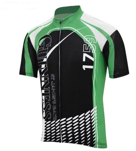 The Guinness 1759 Cycling Jersey is a lightweight, short-sleeved polyester jersey in green, black, and white. It features bold text with the number 1759 in white on the front, geometric patterns, and a zipper, all echoing a beer-themed design.