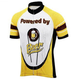 The Powered by Beer Cycling Jersey features lightweight polyester in yellow, white, and black. Its front shows a beer mug inside a bike chain and boasts Powered by Beer. The sleeves have stylish yellow and gold stripes.