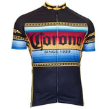 The Corona Beer Cycling Jersey is made from lightweight polyester, featuring blue and yellow striped gradients with Corona and Since 1925 in bold red. It includes a front zipper and decorative shoulder patterns as a tribute to the iconic brand.