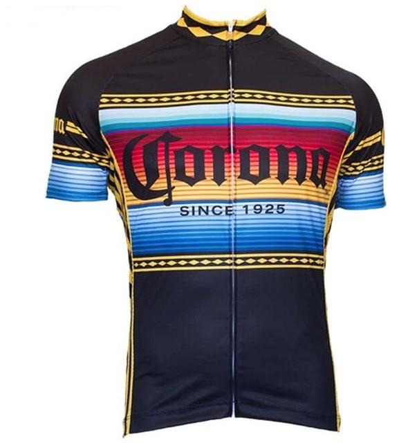The Corona Beer Cycling Jersey is made from lightweight polyester, featuring blue and yellow striped gradients with Corona and Since 1925 in bold red. It includes a front zipper and decorative shoulder patterns as a tribute to the iconic brand.