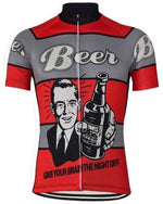 The Retro Beer Cycling Jersey features a vintage-style illustration of a man with a beer bottle, Beer prominently displayed above, and Give your brain the night off! at the bottom, all in a classic red and gray color scheme.