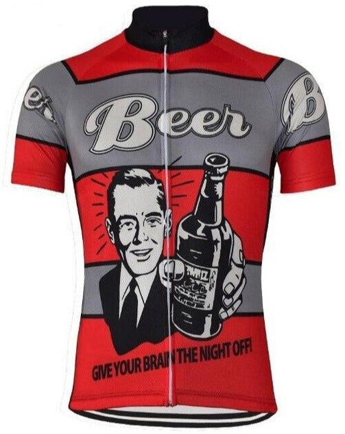 The Retro Beer Cycling Jersey features a vintage-style illustration of a man with a beer bottle, Beer prominently displayed above, and Give your brain the night off! at the bottom, all in a classic red and gray color scheme.