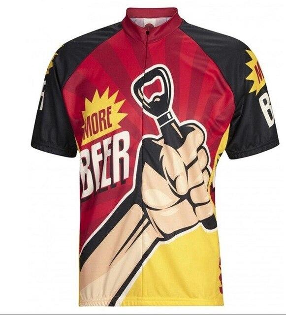 Discover the More Beer Cycling Jersey, crafted from lightweight polyester for ultimate comfort. It features a vibrant design with a hand holding a bottle opener and bold More Beer lettering in red, black, and yellow.