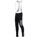 Black cycling bib tights featuring white CAPRI SONNE lettering and sleek design, with white mesh straps. Complete the look with the Capri Sonne Retro Cycling Jersey Long Set (with Fleece Option), combining functionality and style, including a gel seat pad for comfort.