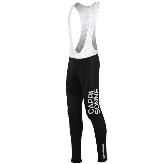 Black cycling bib tights featuring white CAPRI SONNE lettering and sleek design, with white mesh straps. Complete the look with the Capri Sonne Retro Cycling Jersey Long Set (with Fleece Option), combining functionality and style, including a gel seat pad for comfort.