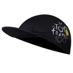 The Tour de France Cycling Cap is black and features the Le Tour de France 100 logo on the front. Its made with breathable mesh for comfort and has white and yellow text with a partial sun graphic. The visor is slightly flipped upward.