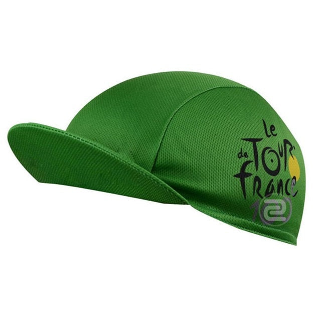 The Tour de France Cycling Cap features breathable green mesh, a Le Tour de France black text, a vibrant yellow graphic, and a small circular logo on the side.
