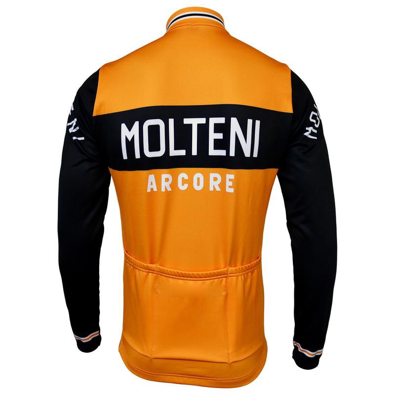The Molteni Arcore Retro Cycling Jersey, available with a fleece option, is an orange and black jersey featuring MOLTENI in white above ARCORE, reminiscent of Eddy Merckxs glory days, with long black sleeves adorned with subtle white text completing the classic design.
