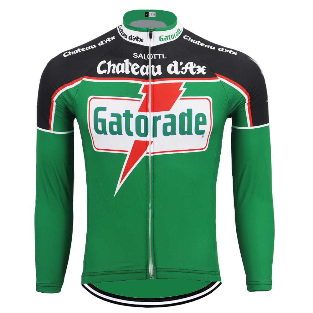 The Chateau dAx Gatorade Retro Cycling Jersey features a green, long-sleeve design with a prominent white and red Gatorade logo on the front, black shoulders and collar adorned with Chateau dAx in white, and a full-length front zipper for a sleek fit.