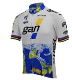 The Gan Retro Cycling Jersey has a full-length front zipper and is made of lightweight polyester. It features multicolored geometric designs and the words LEMONG GRAPHIC, with a main white body accented in blue, yellow, and green.
