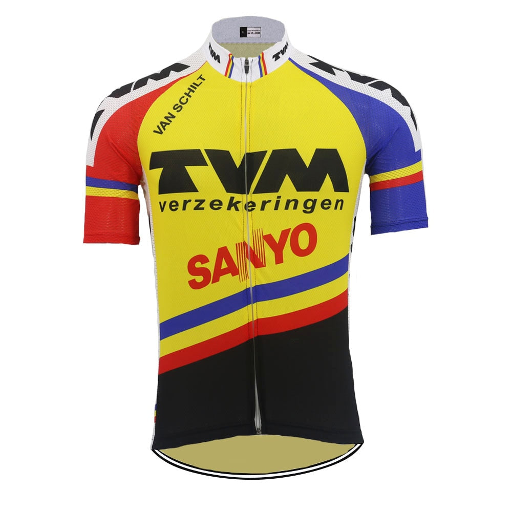 The TVM Verzekeringen Retro Cycling Jersey, featuring a vibrant yellow, blue, red, and black design with TVM Verzekeringen and SANYO logos, is crafted from lightweight polyester. It includes short sleeves and a full front zipper for breathability and performance.