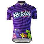 The Nerds Cycling Jersey is purple and features the iconic candy logo across the chest. Colorful, cartoon-like characters decorate the bottom hem, adding a playful and vibrant touch to this candy-themed performance garment.