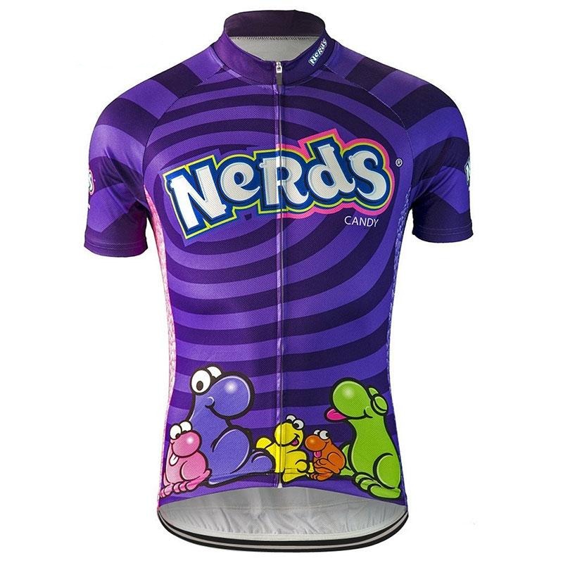 The Nerds Cycling Jersey is purple and features the iconic candy logo across the chest. Colorful, cartoon-like characters decorate the bottom hem, adding a playful and vibrant touch to this candy-themed performance garment.