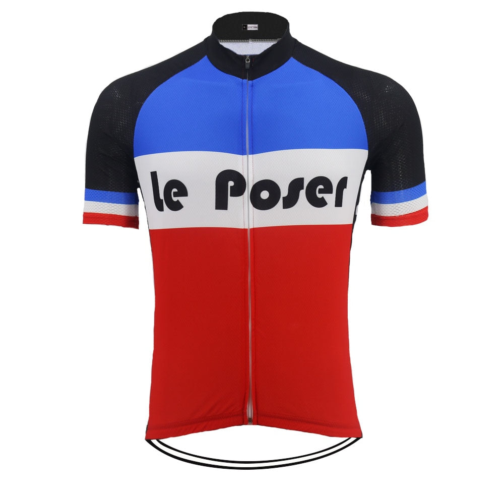 The Le Poser Retro Cycling Jersey showcases a striking blue, white, and red color block design. Crafted from lightweight polyester for utmost comfort, it features black sleeves embellished with small colored stripes for the perfect finishing touch.