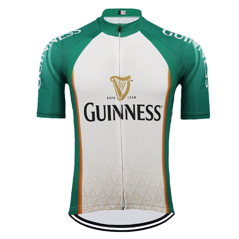 Presenting the Guinness Retro Cycling Jersey Green, made from lightweight polyester with a green and white design featuring the iconic Guinness and golden harp logo on the front. This breathable jersey ensures comfort for every ride.