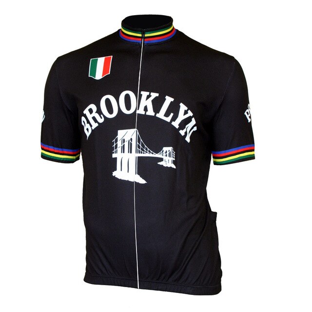 The Brooklyn Chewing Gum Bridge Retro Cycling Jersey Set features a retro black design with a bridge graphic and bold Brooklyn lettering. Multicolored stripes on the sleeves and collar, along with an Italian flag on the chest, evoke the classic era linked to Roger de Vlaeminck.