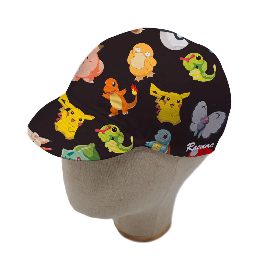 The medium-sized Pokemon Cycling Cap, displayed on a mannequin head, sports a retro design with colorful cartoon characters, featuring a yellow mouse, blue turtle, and small orange dragon playfully posed on a black background.