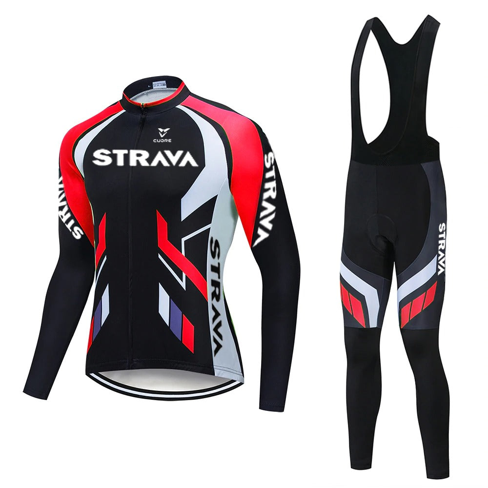 Explore the Strava Cycling Jersey Long Set with a sleek black and red long-sleeve design, branded STRAVA and geometric patterns. It includes matching black bib tights accented in red, white, and gray for stylish performance on every ride.