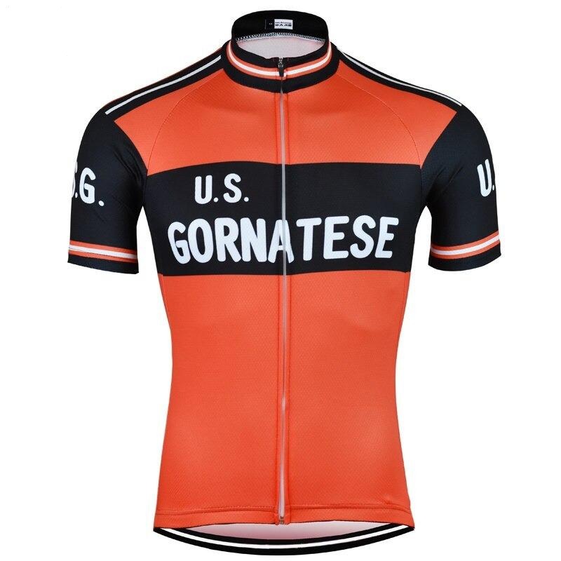The U.S. Gornatese Retro Cycling Jersey features a vibrant orange and black design, U.S. Gornatese in white on the front, crafted from lightweight polyester with short sleeves and a front zipper for style and functionality.
