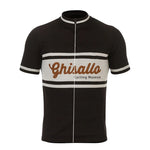 The Ghisallo Retro Cycling Jersey blends vintage charm with modern function. Made of lightweight polyester, it sports black and white chest stripes and showcases Ghisallo and Cycling Museum in brown with smaller black text.