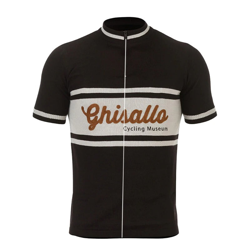 The Ghisallo Retro Cycling Jersey blends vintage charm with modern function. Made of lightweight polyester, it sports black and white chest stripes and showcases Ghisallo and Cycling Museum in brown with smaller black text.