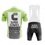 The Super Confex Kwantum Retro Cycling Jersey Set includes a lime green jersey with Super Confex and Kwantum logos, made from lightweight polyester, and black and white bib shorts with the Super Confex logo and a gel seat pad, ideal for cycling enthusiasts.