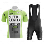 The Super Confex Kwantum Retro Cycling Jersey Set includes a green and white jersey with logos, teamed with black bib shorts. Both are made of lightweight polyester for an authentic vintage feel.
