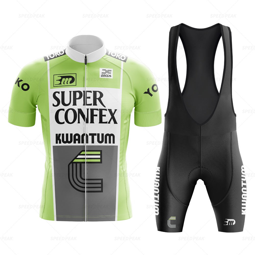 The Super Confex Kwantum Retro Cycling Jersey Set includes a green and white jersey with logos, teamed with black bib shorts. Both are made of lightweight polyester for an authentic vintage feel.