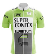 The Super Confex Kwantum Retro Cycling Jersey Set is lime green with Super Confex Kwantum in bold black text, logo details on the chest and shoulders, made from lightweight polyester with a vertical zip, and showcases a stylized design on the front.