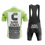 The Super Confex Kwantum Retro Cycling Jersey Set includes a lightweight polyester short-sleeve jersey with a green and white design, featuring Super Confex and Kwantum logos, and a black bib with logos and white side text, complete with a comfortable gel seat pad.