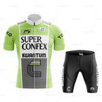 The Super Confex Kwantum Retro Cycling Jersey Set includes a green and white jersey with SUPER CONFEX and KWANTUM logos, black and gray stripes, paired with lightweight polyester black shorts featuring side logos.