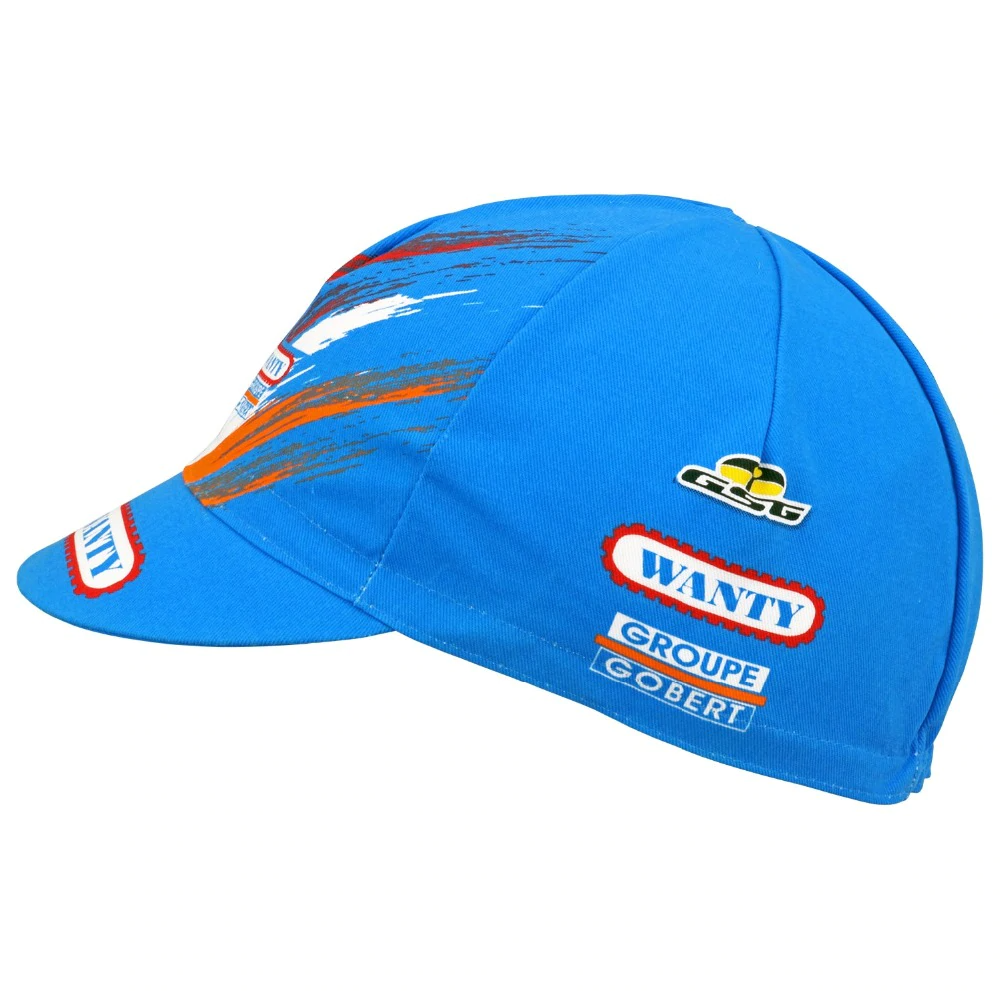 The Groupe Gobert Retro Cycling Cap features a side view of logos and graphics with multicolored brush strokes on top, prominently displaying sponsor logos for Wanty and Groupe Gobert.
