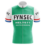 The Helyett Fynsec Hutchinson Retro Cycling Jersey is made from lightweight polyester and features a green body, white sleeves with red and blue stripes at the edges, a chest band, FYNSEC on the chest and sleeves, HELYETT above HUTCHINSON.
