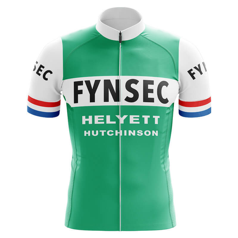 The Helyett Fynsec Hutchinson Retro Cycling Jersey is made from lightweight polyester and features a green body, white sleeves with red and blue stripes at the edges, a chest band, FYNSEC on the chest and sleeves, HELYETT above HUTCHINSON.