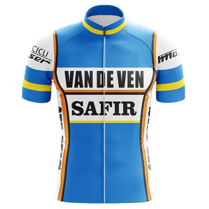 The Safir Van de Ven Retro Cycling Jersey is blue and white with orange accents, featuring bold black VAN DE VEN and SAFIR text. Made from lightweight polyester, it includes a front zipper, short sleeves, and sponsor logos on the sleeves and shoulders.