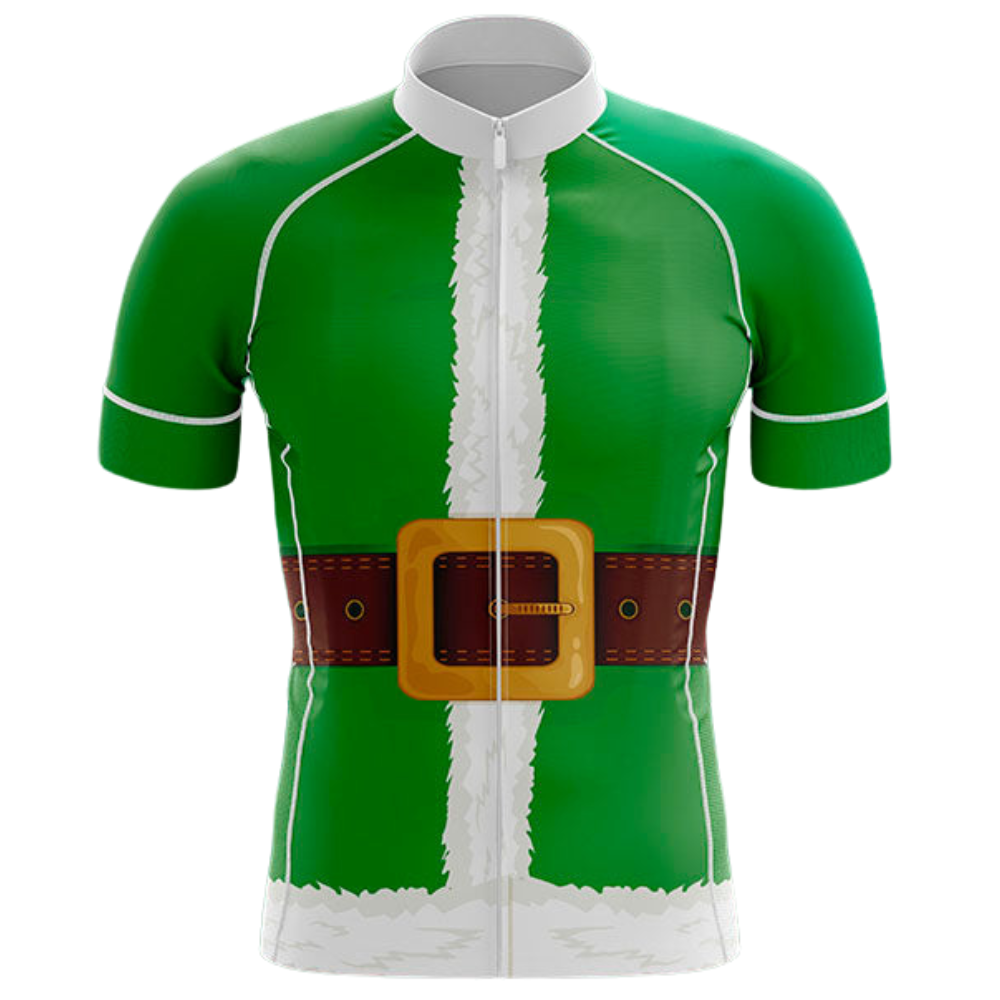 Introducing our Green Santa Cycling Jersey, a Christmas-themed short-sleeve cycling jersey made from lightweight polyester. It mimics an elf costume with white trim and a faux brown belt with a large yellow buckle, featuring a front zipper for comfort and performance.