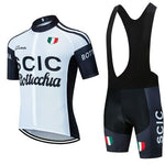 Explore the SCIC Bottecchia Retro Cycling Jersey Set, featuring a breathable white and black jersey with SCIC Bottecchia text and an Italian flag emblem. It comes with black bib shorts, highlighting the Italian flag and SCIC text.