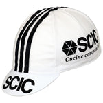 The SCIC Cucine Conponibili Retro Cycling Cap features a white design with three black stripes front to back. SCIC Cucine componibili is on the side, and SCIC is on the brim. Discover more retro cycling caps at vintagecycling.shop for classic style.