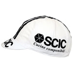 Vintagecycling.shops SCIC Cucine Conponibili Retro Cycling Cap in crisp white features SCIC Cucine componibili text, a geometric logo on the side, and dual black stripes across the top, encapsulating classic cycling style.