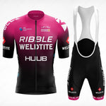 The Ribble Weldtite Huub Cycling Team Jersey Set features a pink and black gradient jersey with black bib shorts, adorned with Ribble, Weldtite, and Huub logos, blending performance and style for serious cyclists.